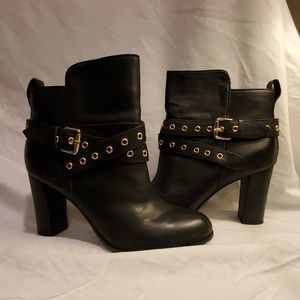 BARELY WORN- Black Leather Booties w Gold Buckle